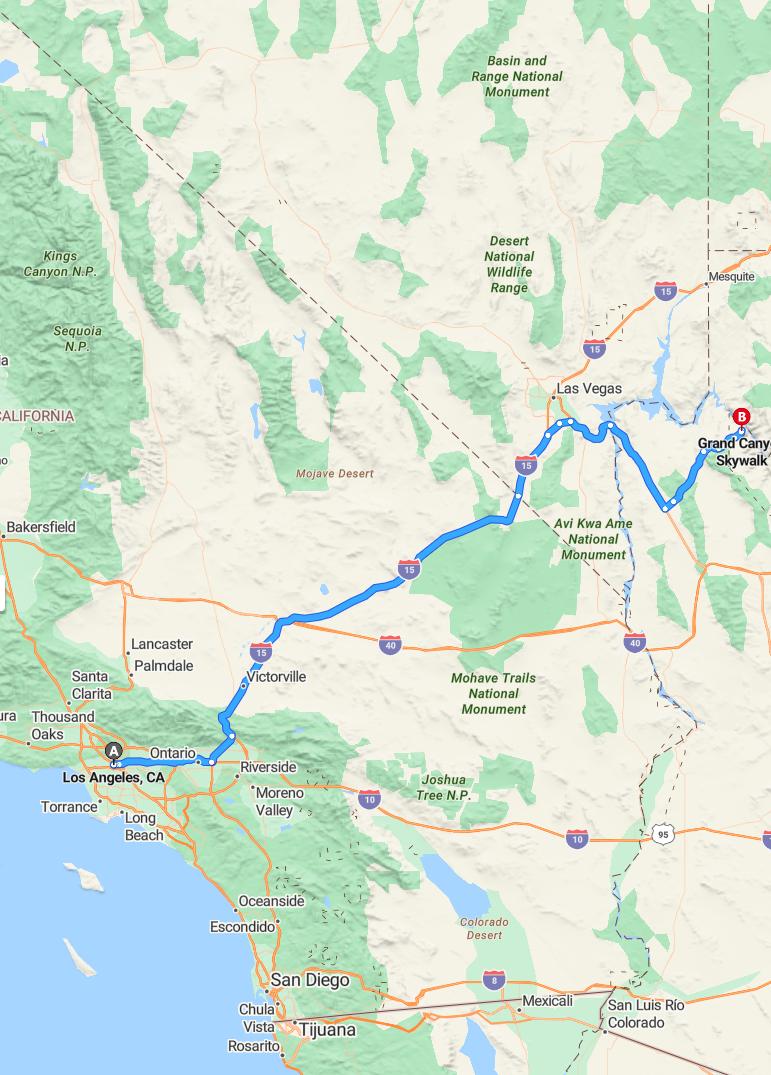 driving from Los Angeles, California to Grand Canyon West RimArizona - map and route