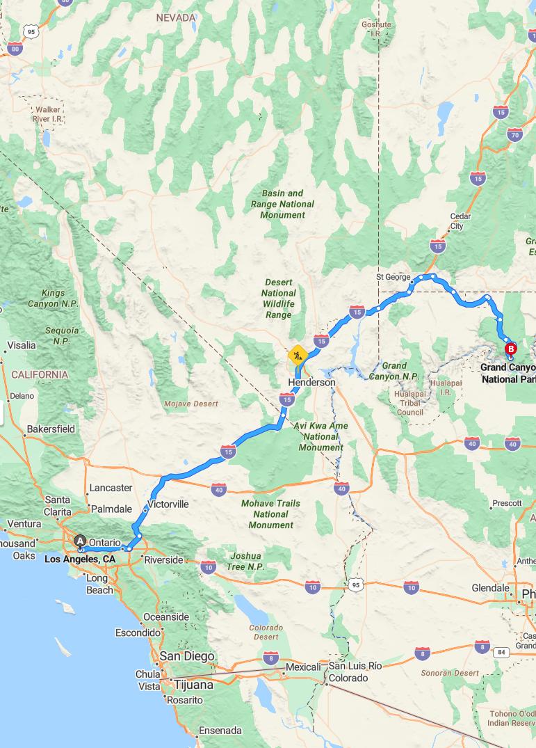 driving from Los Angeles, California to Grand CanyonArizona - map and route