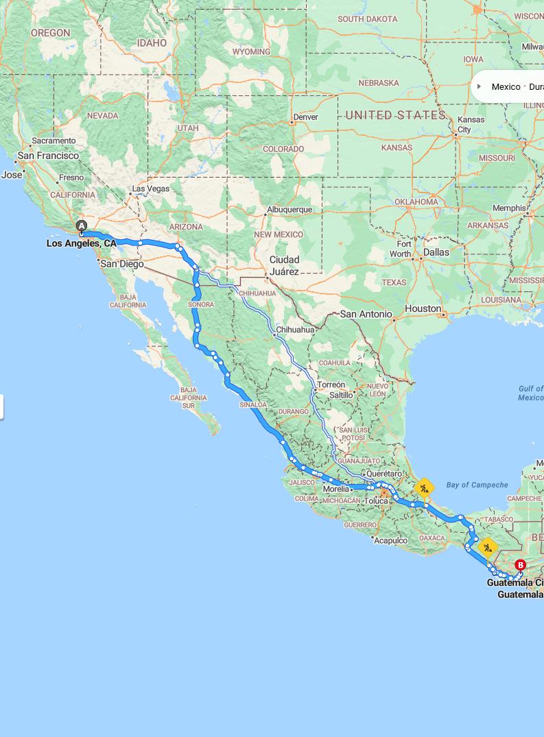 driving from Los Angeles, California to Guatemala CityGuatemala - map and route