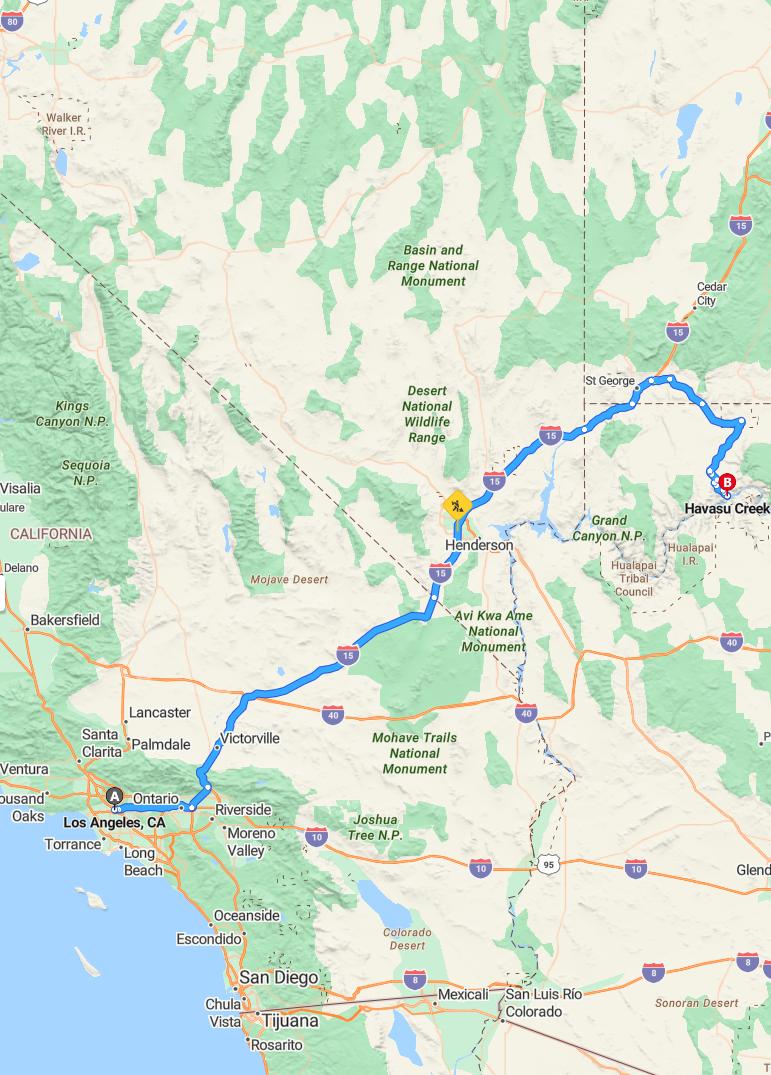 driving from Los Angeles, California to Havasu CreekArizona - map and route
