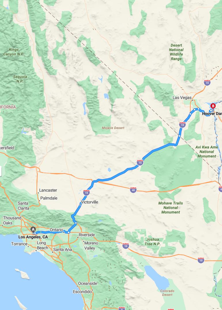 driving from Los Angeles, California to Hoover DamNevada - map and route