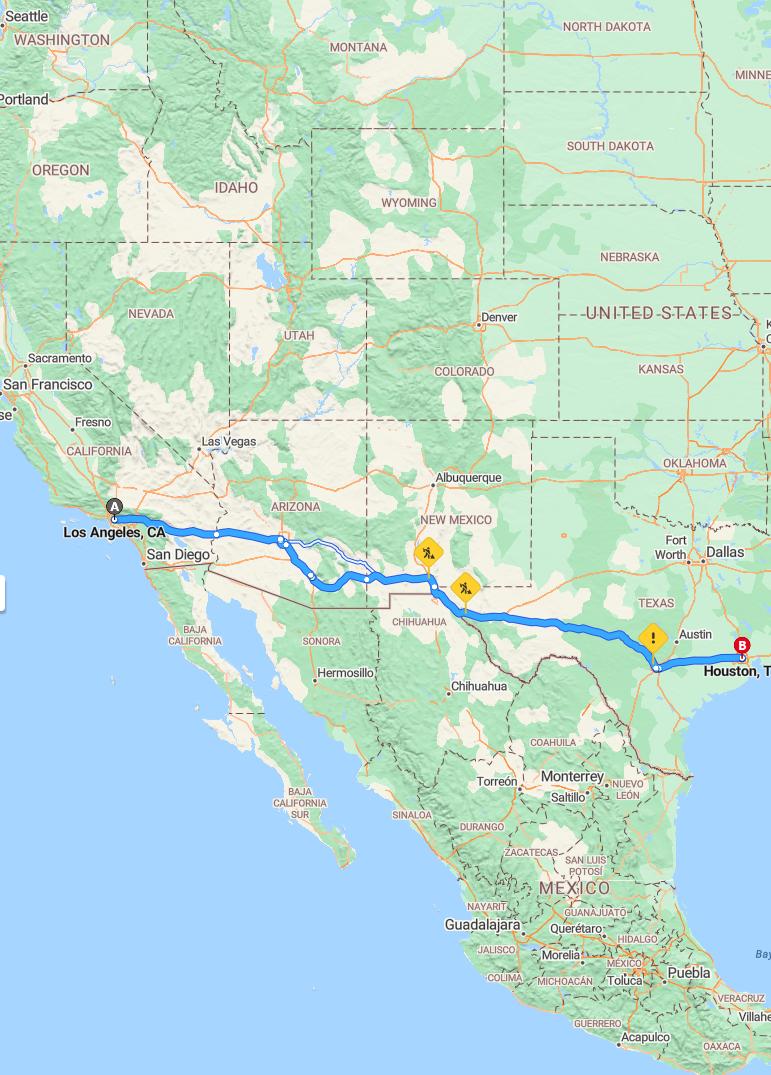 driving from Los Angeles, California to HoustonTexas - map and route