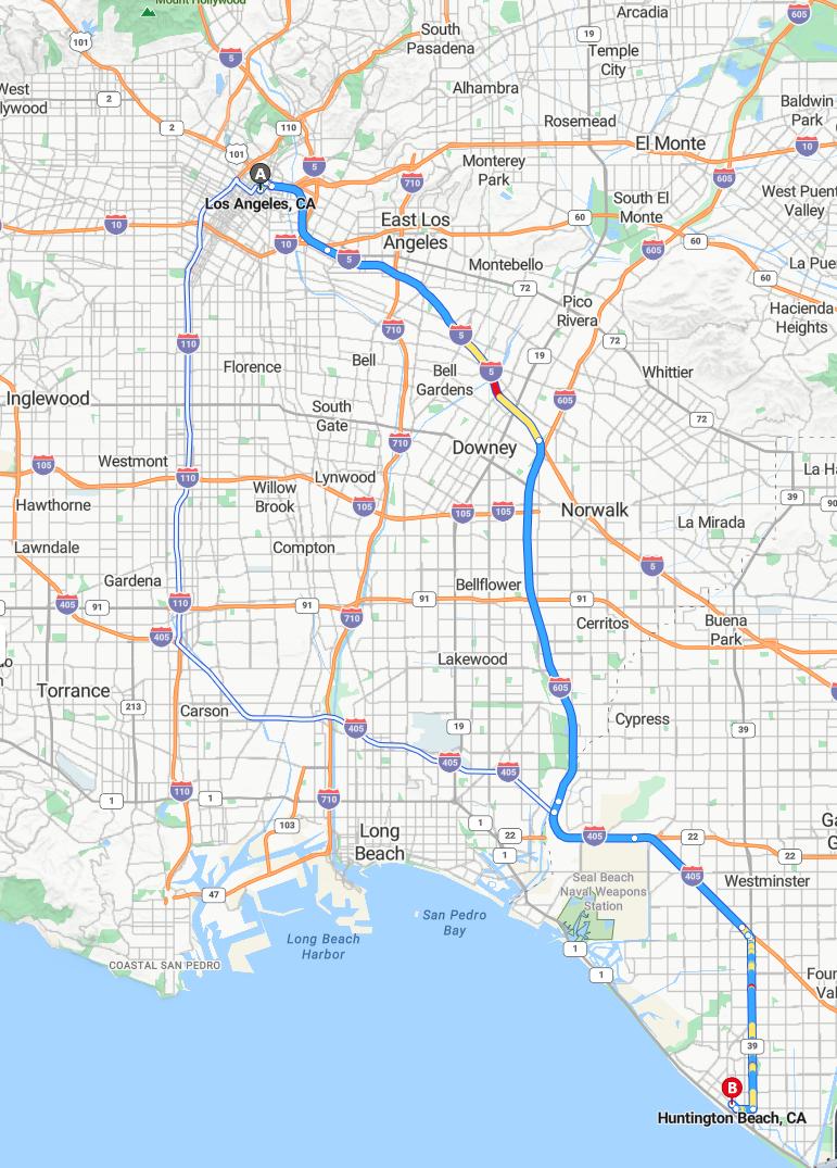 driving from Los Angeles, California to Huntington BeachCalifornia - map and route