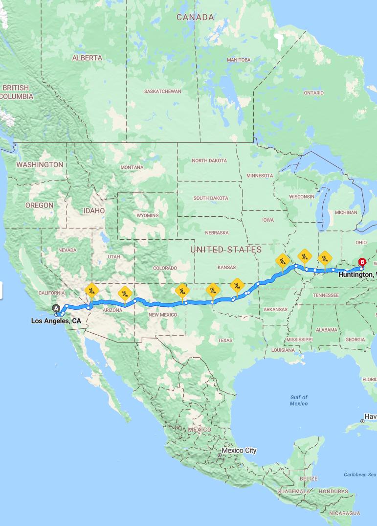 driving from Los Angeles, California to HuntingtonWest Virginia - map and route