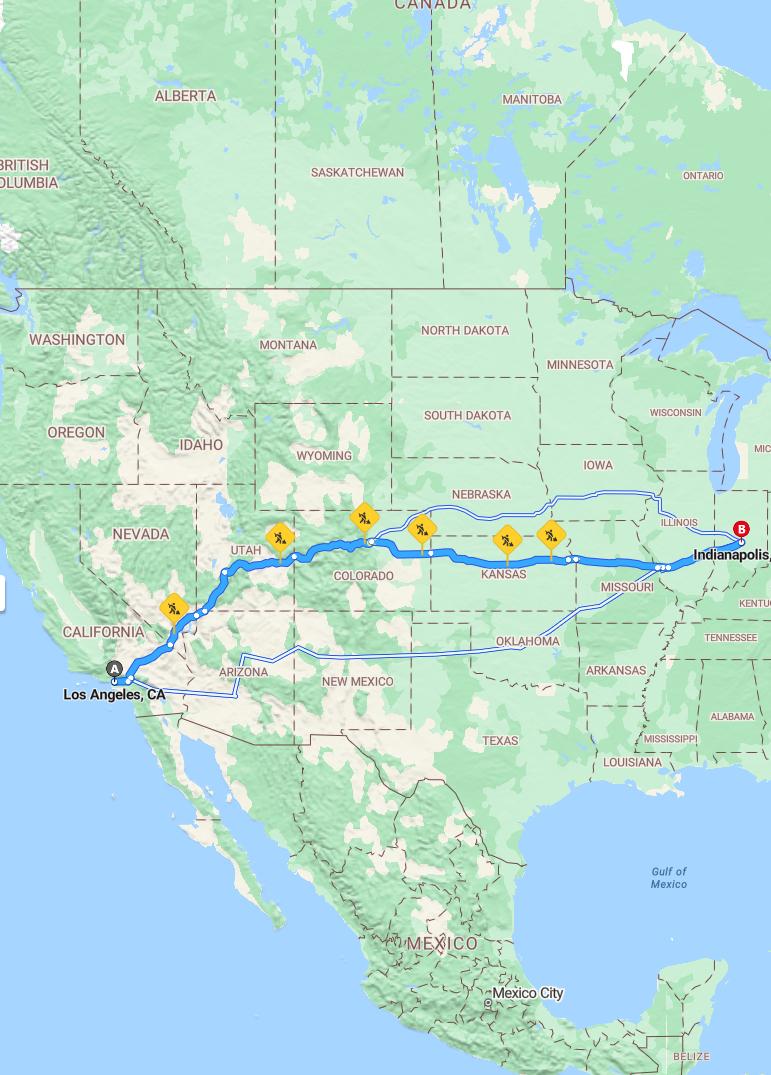 driving from Los Angeles, California to IndianapolisIndiana - map and route