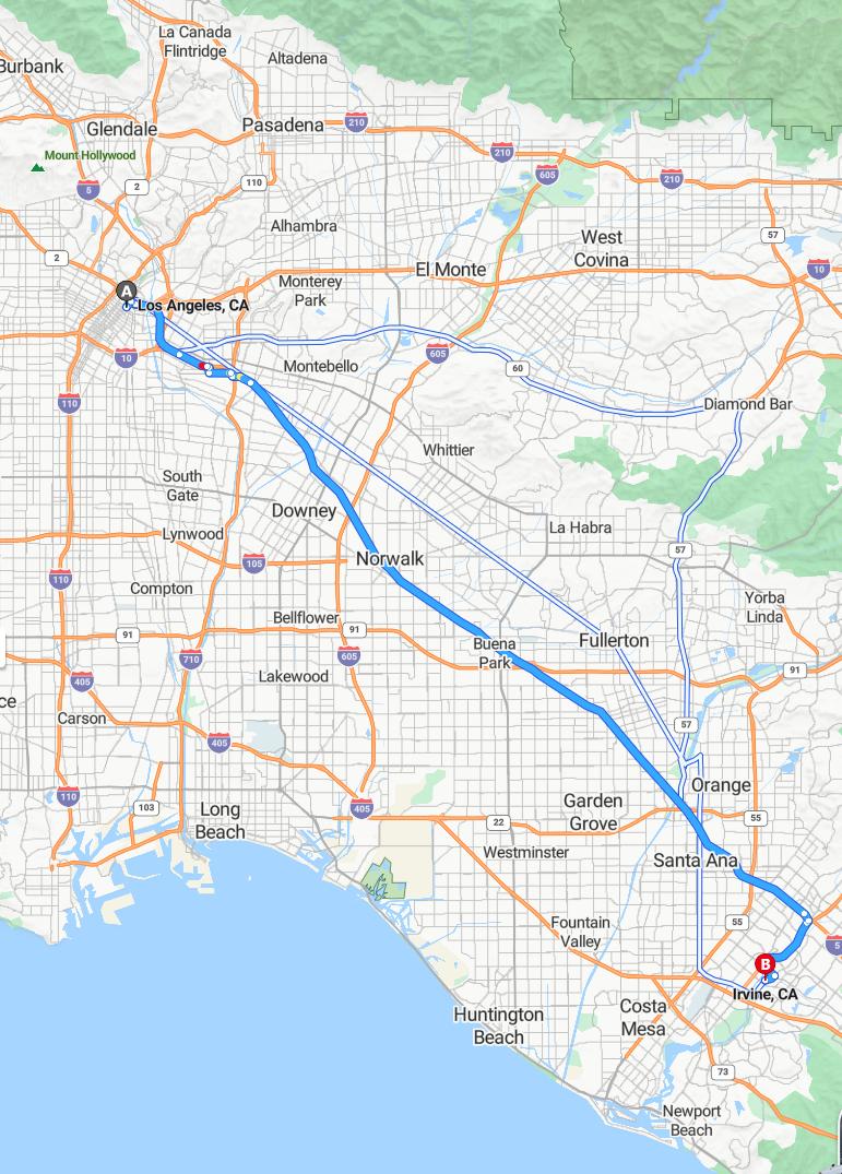 driving from Los Angeles, California to IrvineCalifornia - map and route
