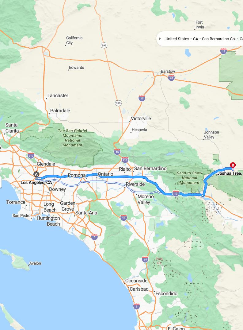 driving from Los Angeles, California to Joshua TreeCalifornia - map and route