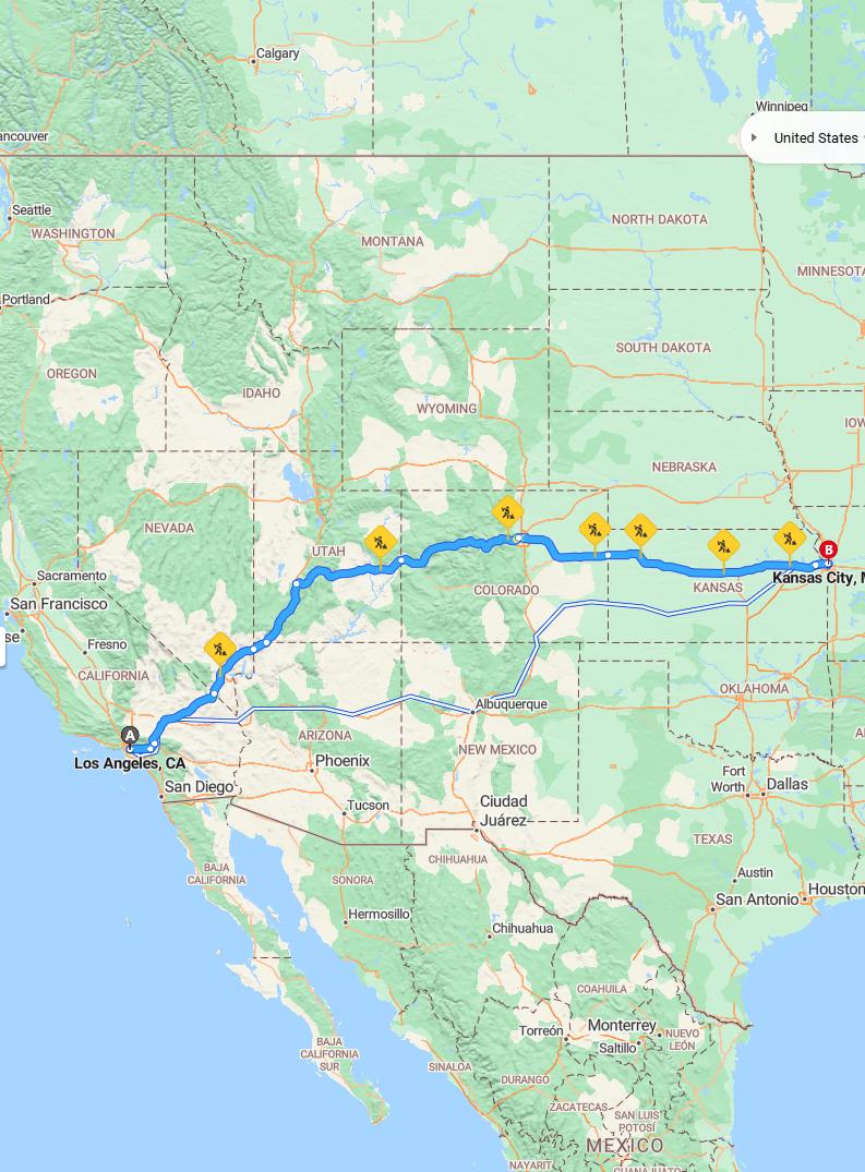 driving from Los Angeles, California to Kansas CityMissouri - map and route