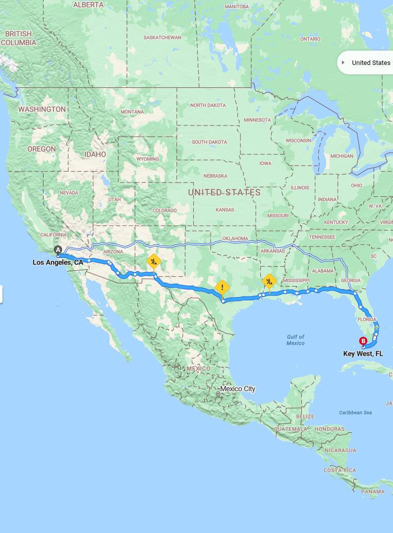 driving from Los Angeles, California to Key WestFlorida - map and route