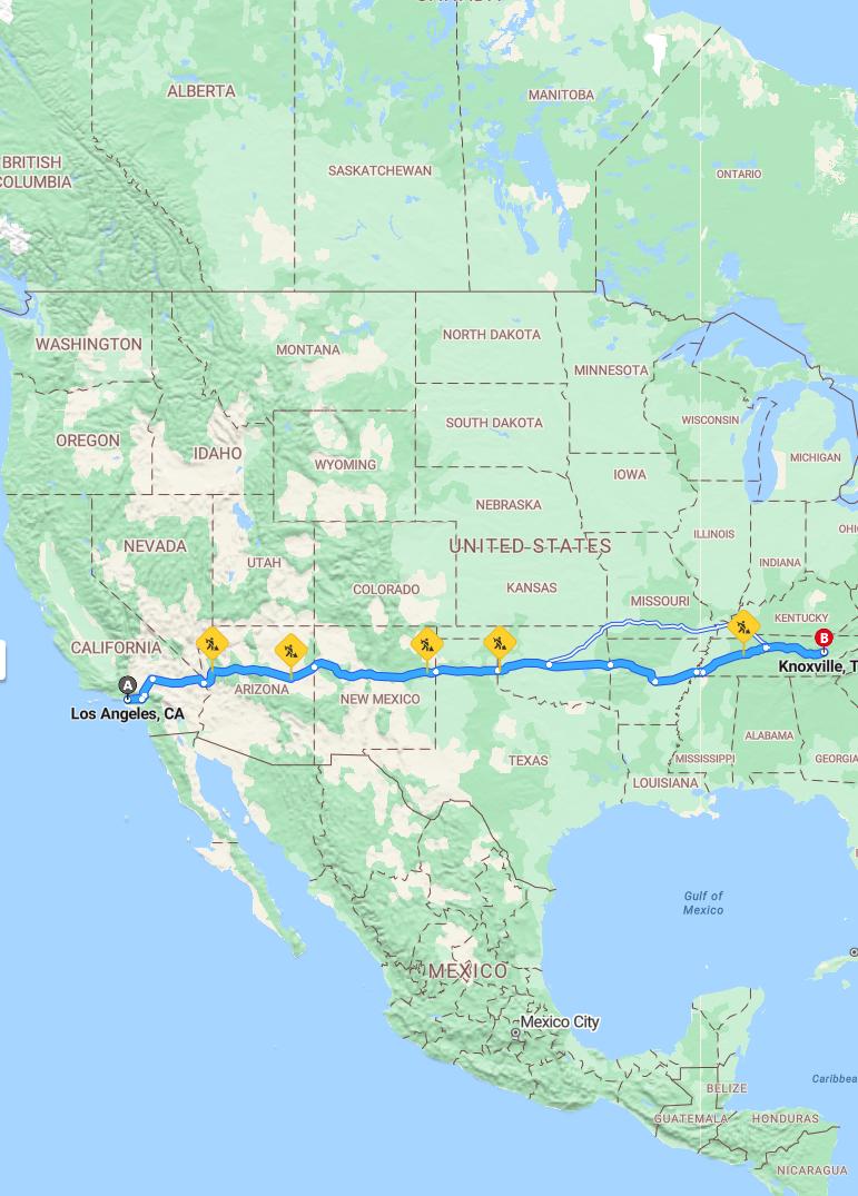 driving from Los Angeles, California to KnoxvilleTennessee - map and route