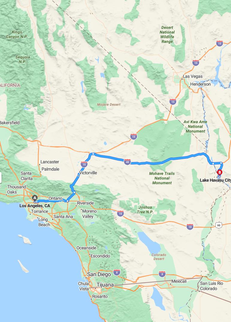 driving from Los Angeles, California to Lake Havasu CityArizona - map and route