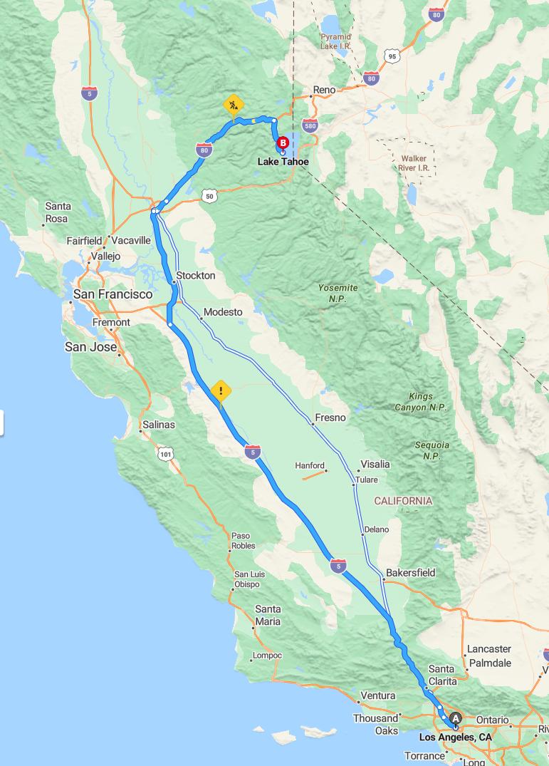 driving from Los Angeles, California to Lake TahoeCalifornia - map and route