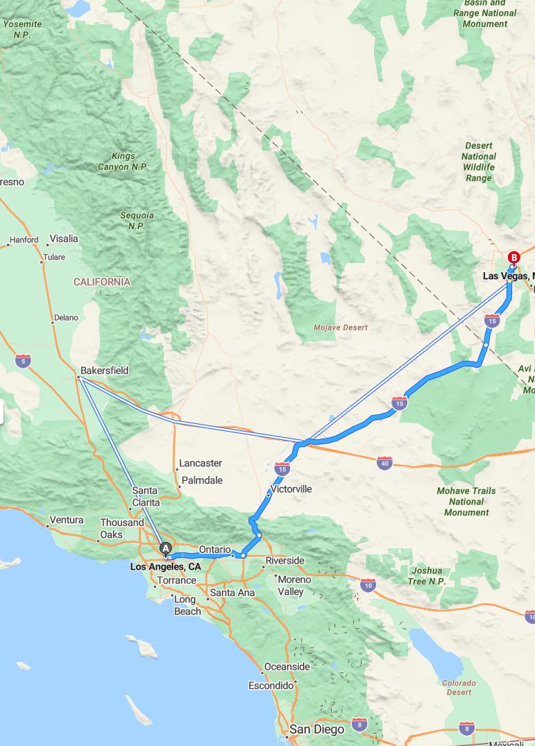 driving from Los Angeles, California to Las VegasNevada - map and route