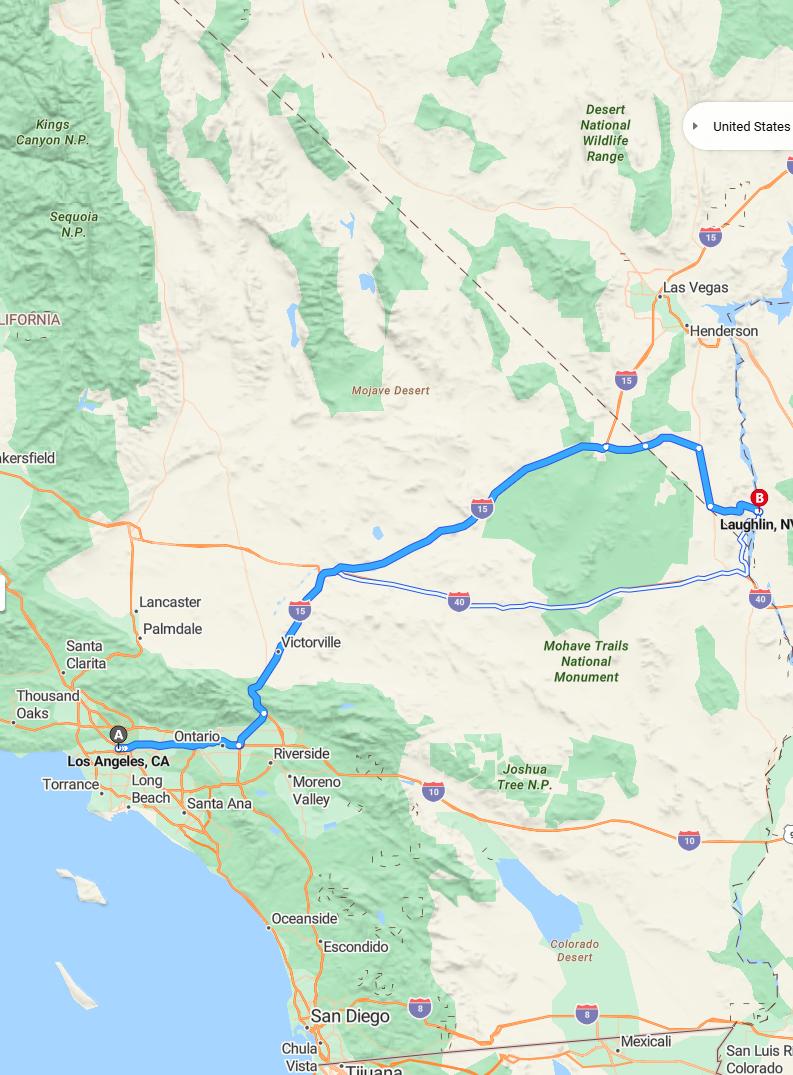 driving from Los Angeles, California to LaughlinNevada - map and route