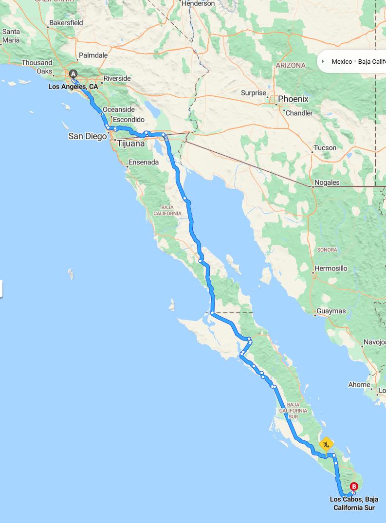 driving from Los Angeles, California to Los CabosBaja California Sur - map and route