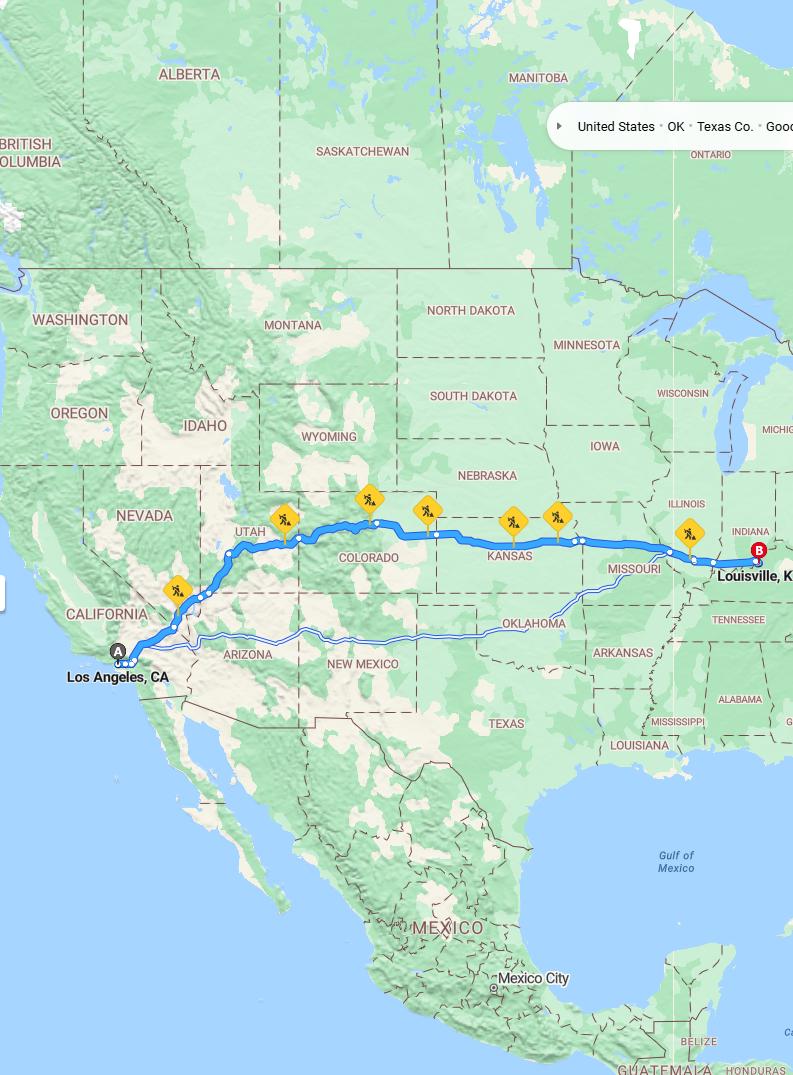 driving from Los Angeles, California to LouisvilleKentucky - map and route
