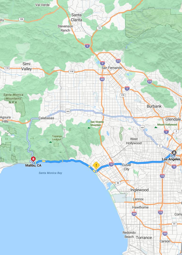 driving from Los Angeles, California to MalibuCalifornia - map and route