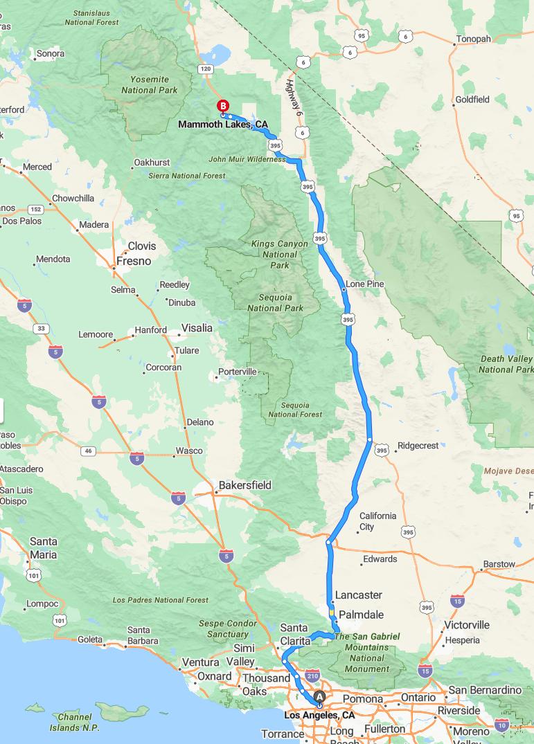 driving from Los Angeles, California to Mammoth LakesCalifornia - map and route