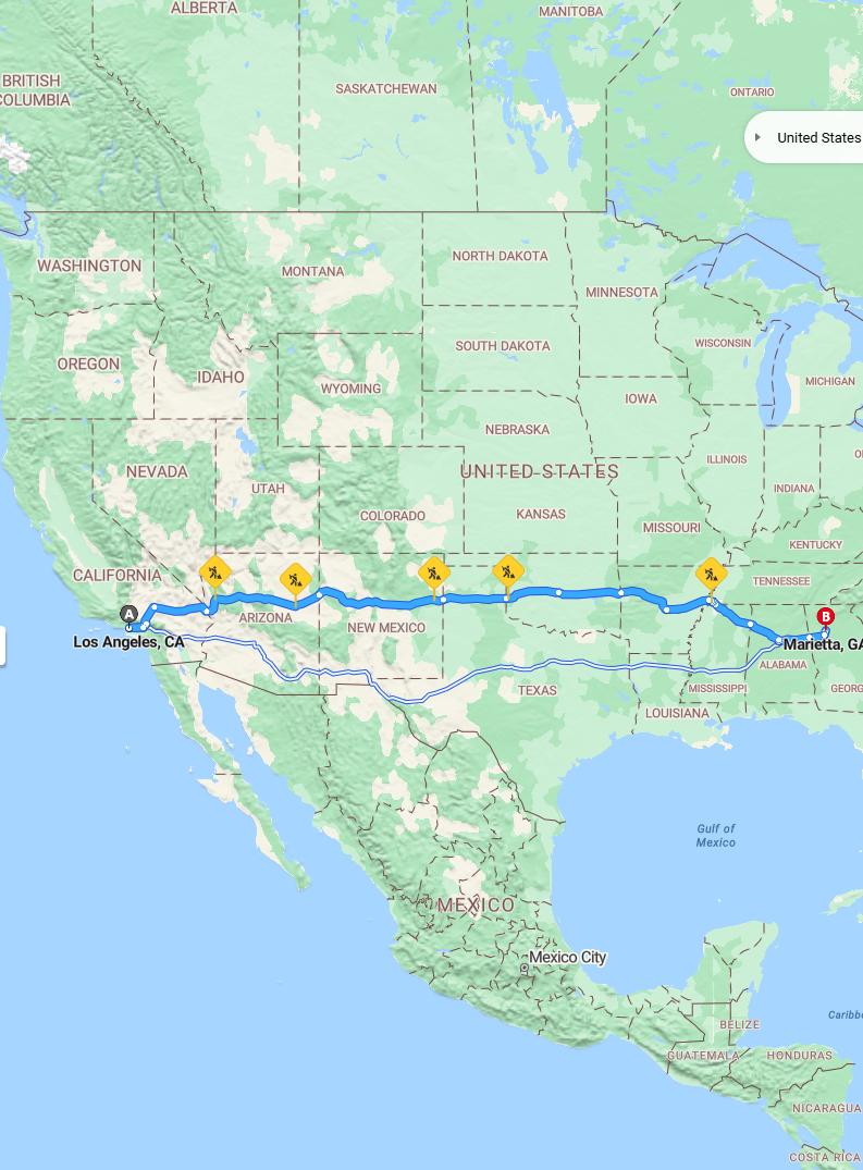 driving from Los Angeles, California to MariettaGeorgia - map and route