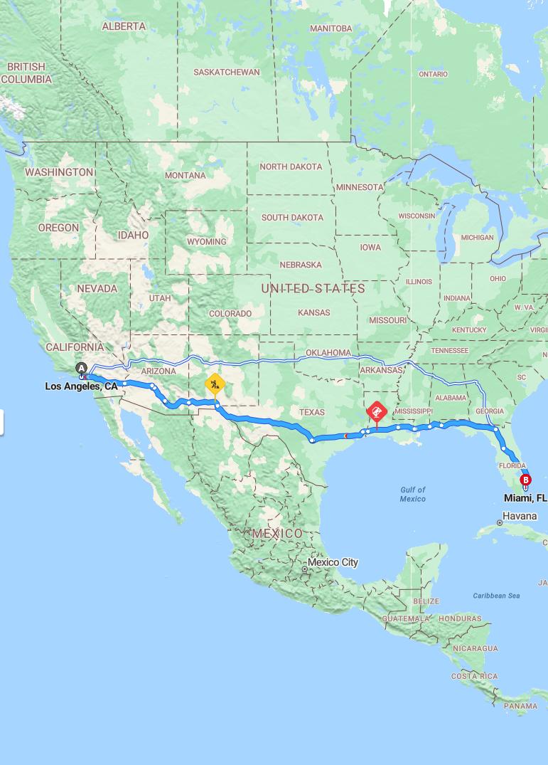 driving from Los Angeles, California to MiamiFlorida - map and route