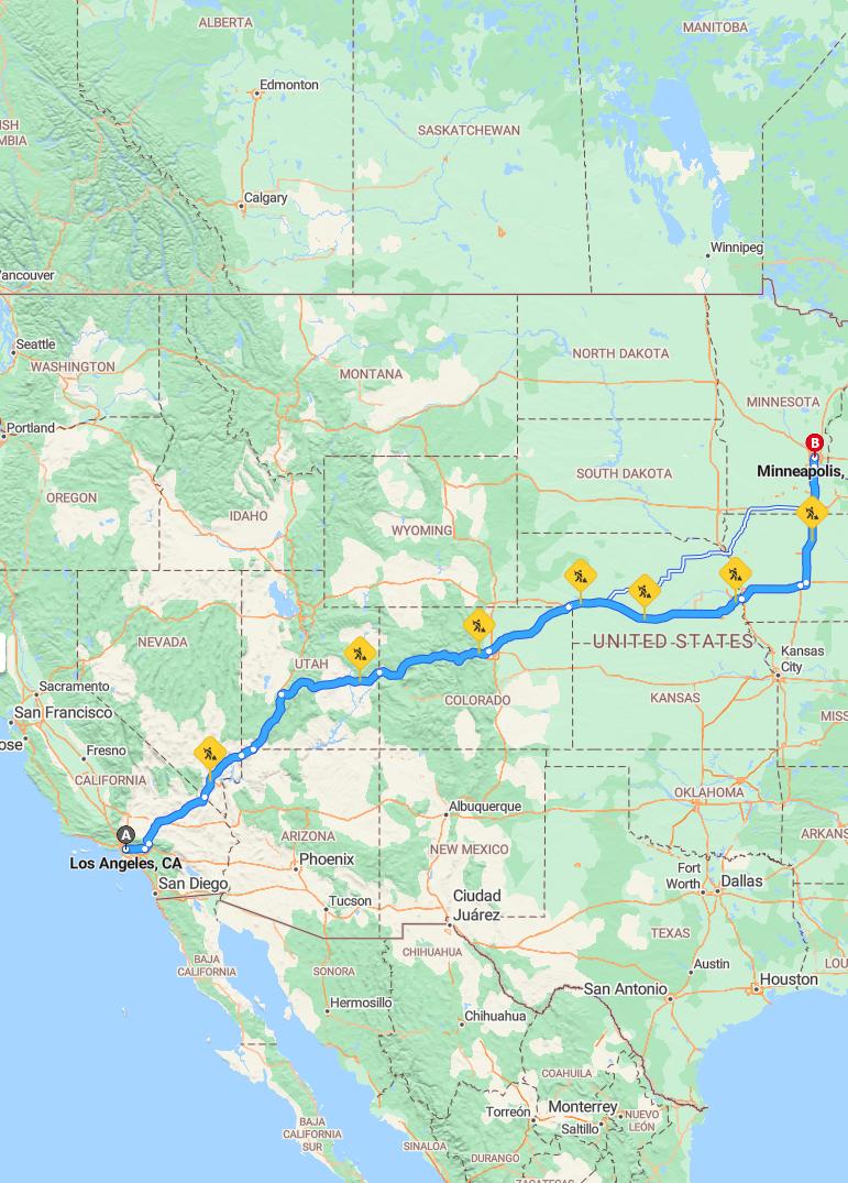 driving from Los Angeles, California to MinneapolisMinnesota - map and route