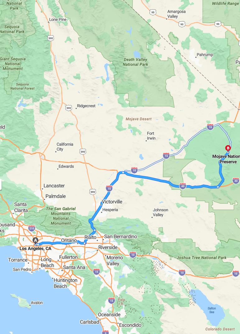 driving from Los Angeles, California to Mojave PreserveCalifornia - map and route