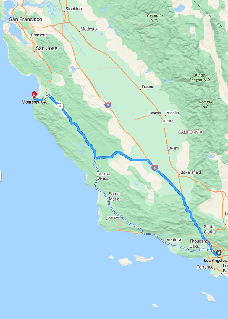 driving from Los Angeles, California to MontereyCalifornia - map and route