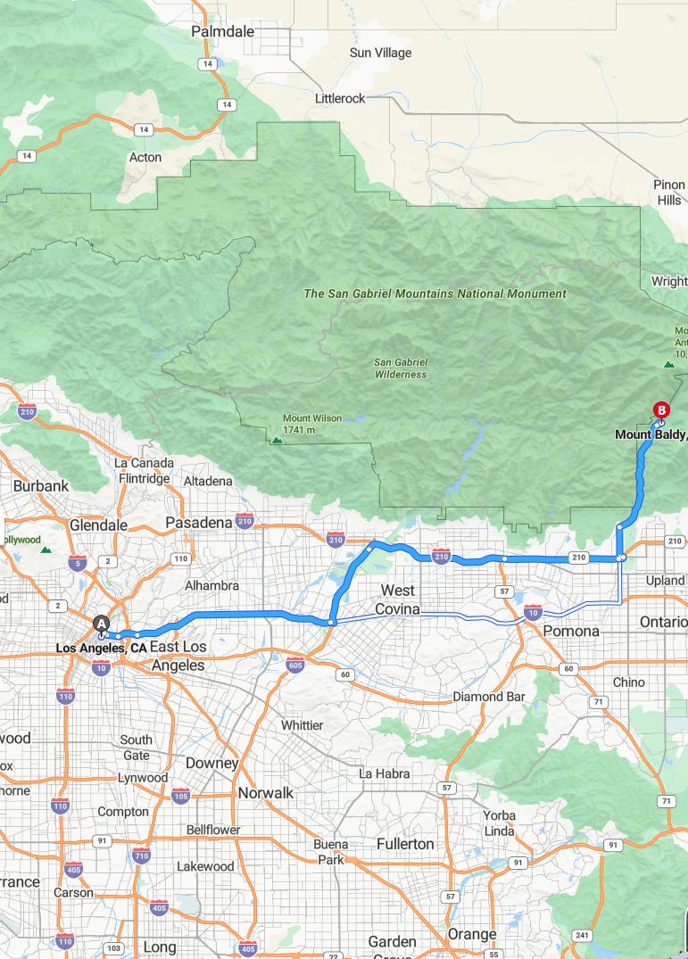 driving from Los Angeles, California to Mount BaldyCalifornia - map and route