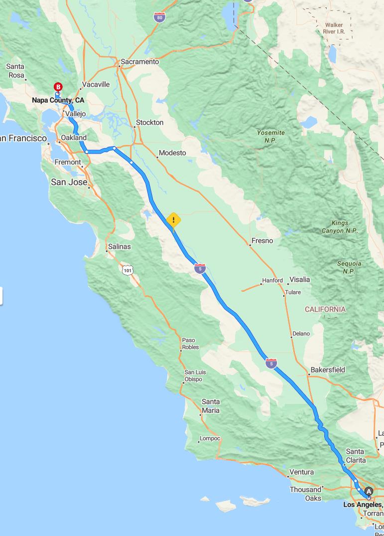 driving from Los Angeles, California to Napa ValleyCalifornia - map and route