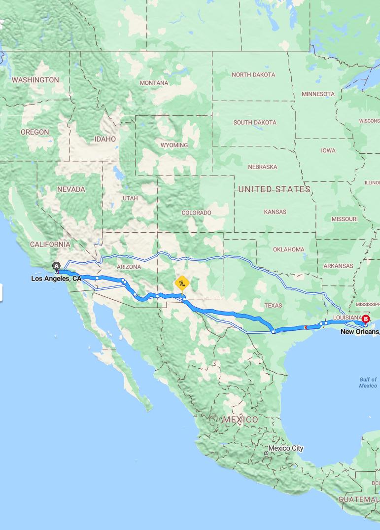 driving from Los Angeles, California to New OrleansLouisiana - map and route