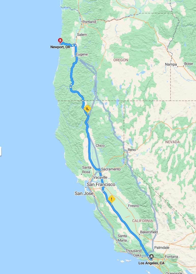 driving from Los Angeles, California to NewportOregon - map and route