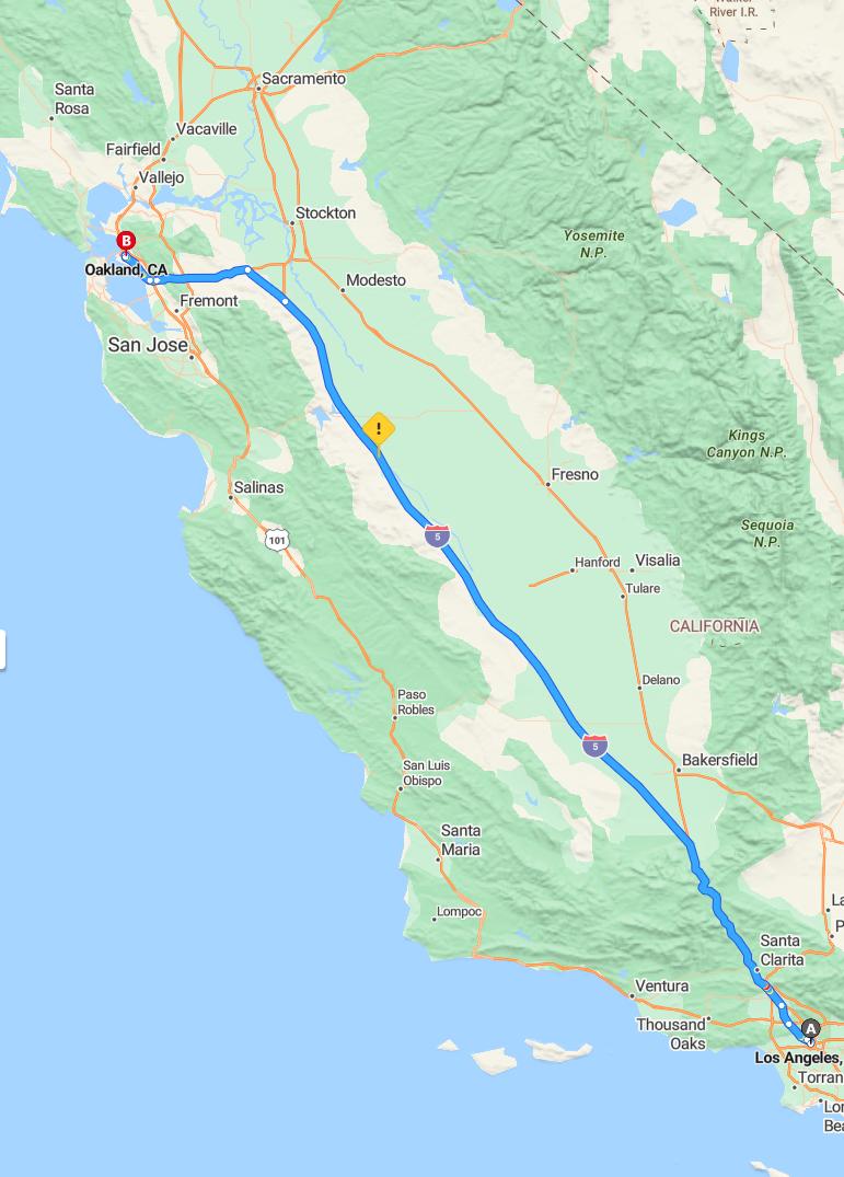 driving from Los Angeles, California to OaklandCalifornia - map and route