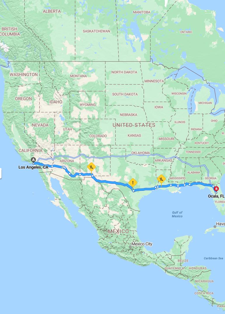 driving from Los Angeles, California to OcalaFlorida - map and route
