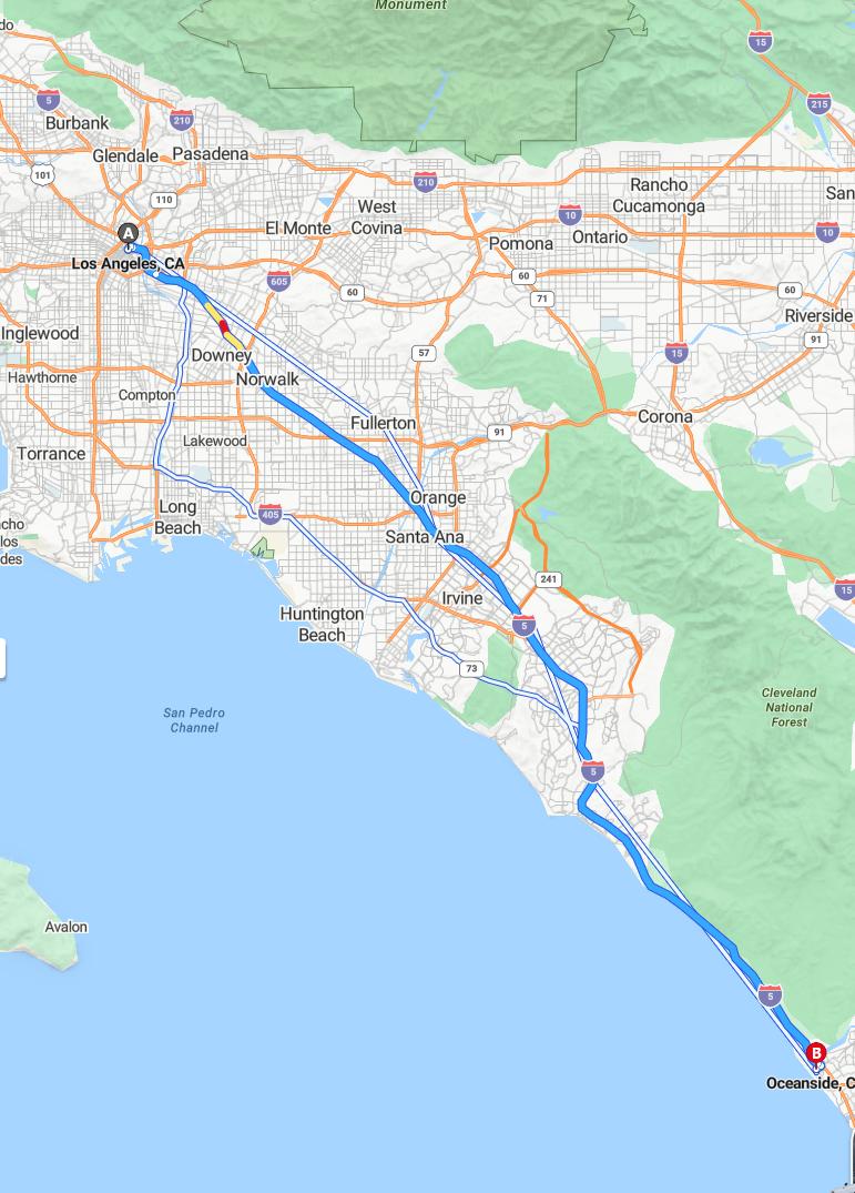 driving from Los Angeles, California to OceansideCalifornia - map and route