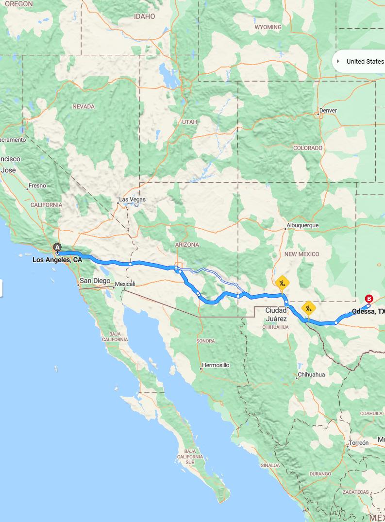driving from Los Angeles, California to OdessaTexas - map and route