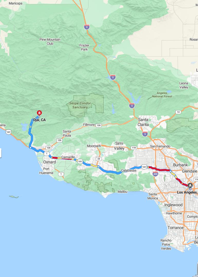 driving from Los Angeles, California to OjaiCalifornia - map and route