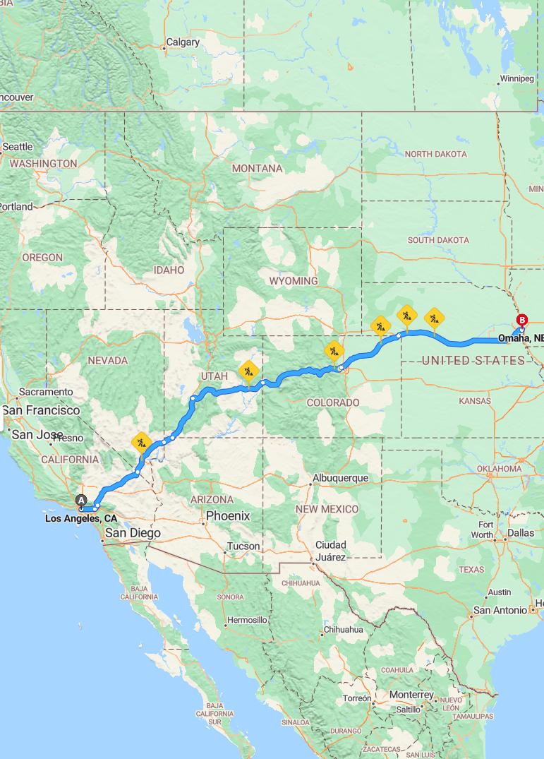 driving from Los Angeles, California to OmahaNebraska - map and route