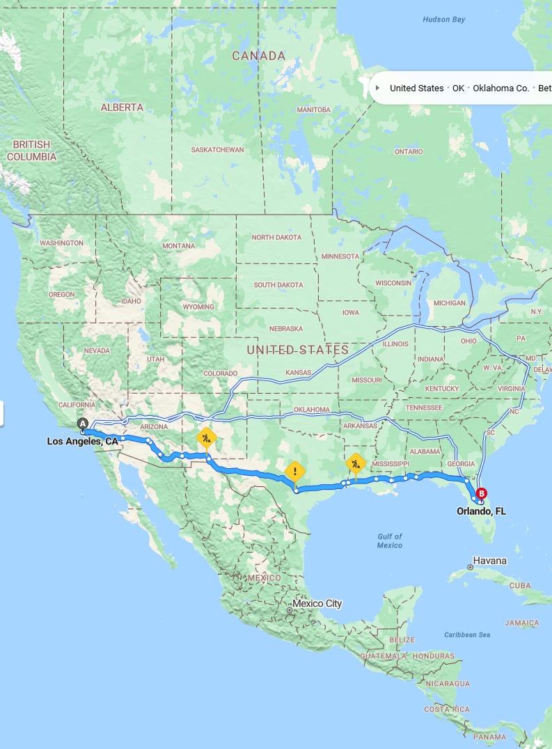driving from Los Angeles, California to OrlandoFlorida - map and route