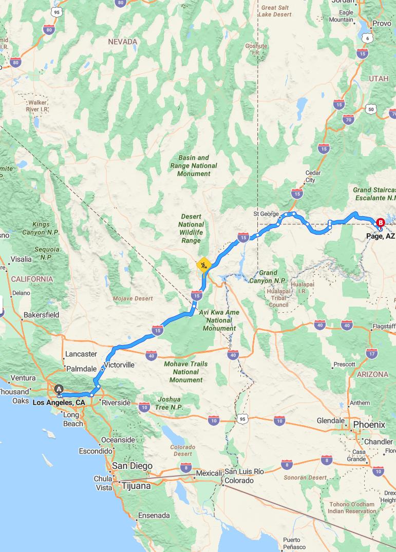 driving from Los Angeles, California to PageArizona - map and route