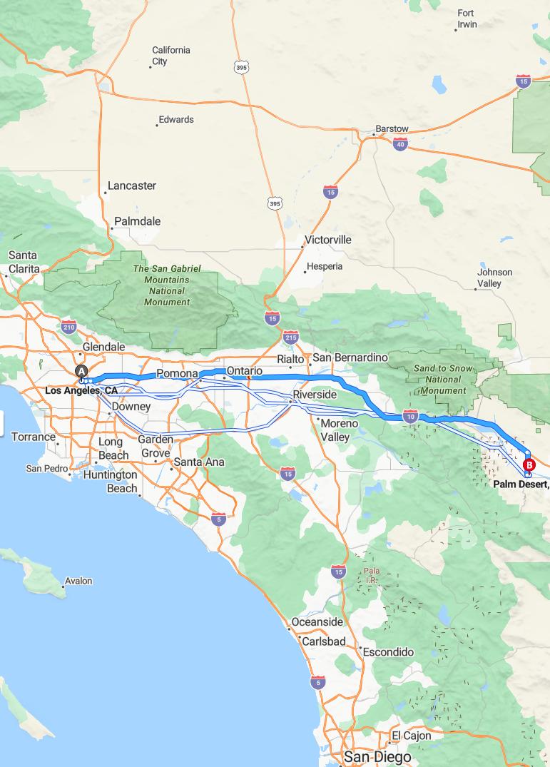 driving from Los Angeles, California to Palm DesertCalifornia - map and route