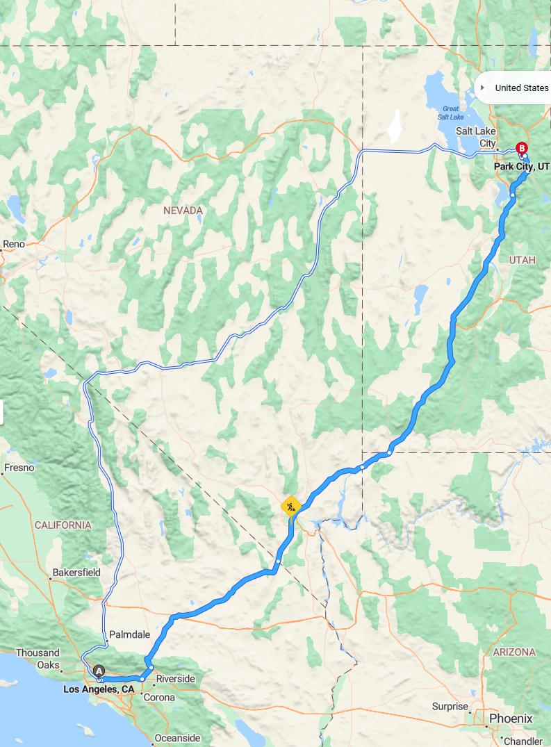 driving from Los Angeles, California to Park CityUtah - map and route
