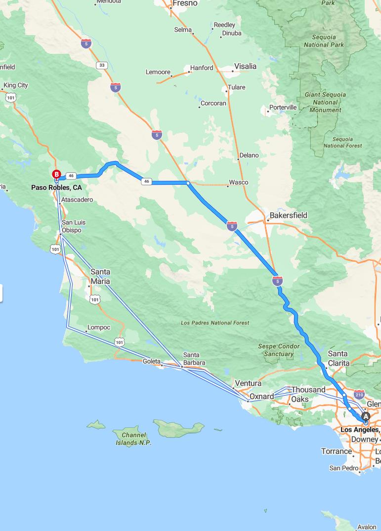 driving from Los Angeles, California to Paso RoblesCalifornia - map and route