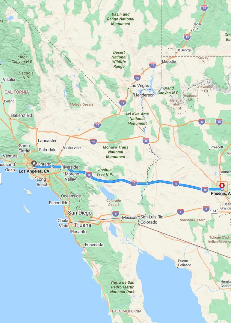 driving from Los Angeles, California to PhoenixArizona - map and route