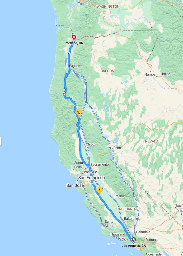 driving from Los Angeles, California to PortlandOregon - map and route
