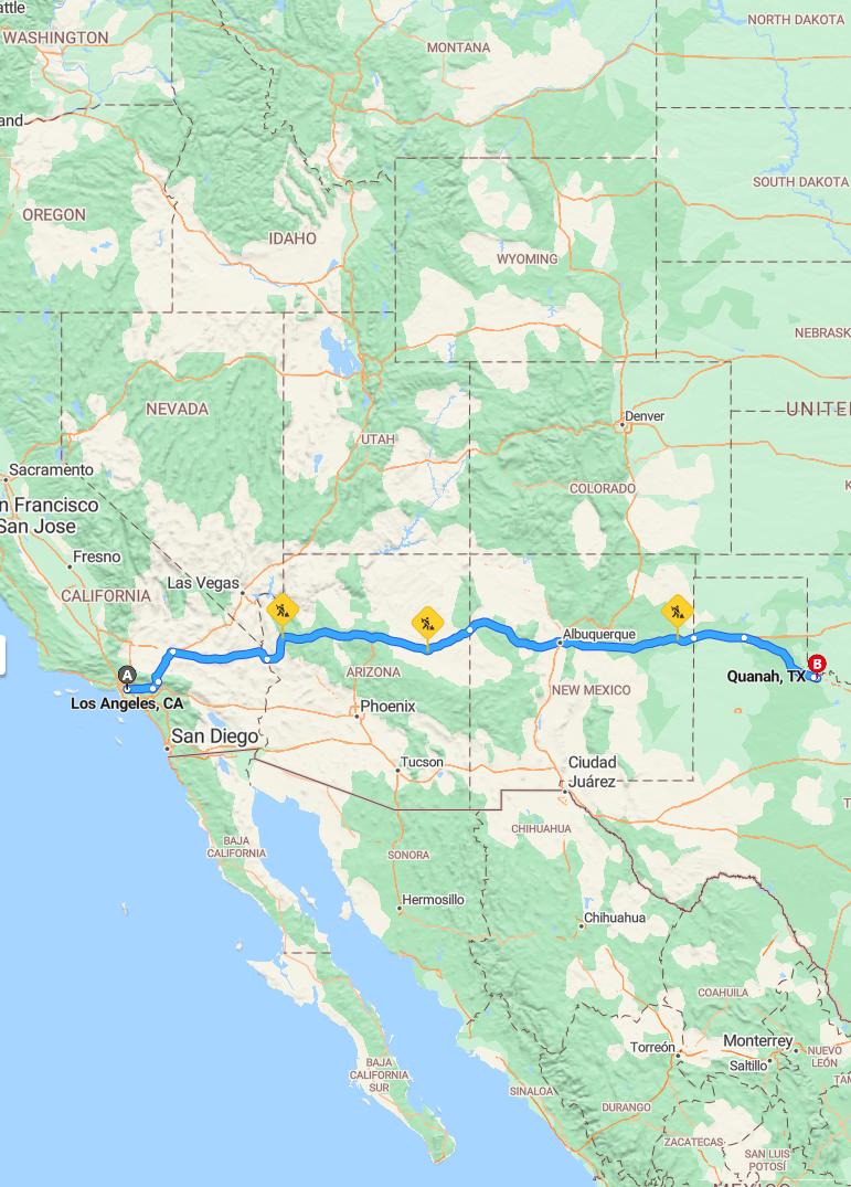 driving from Los Angeles, California to QuanahTexas - map and route