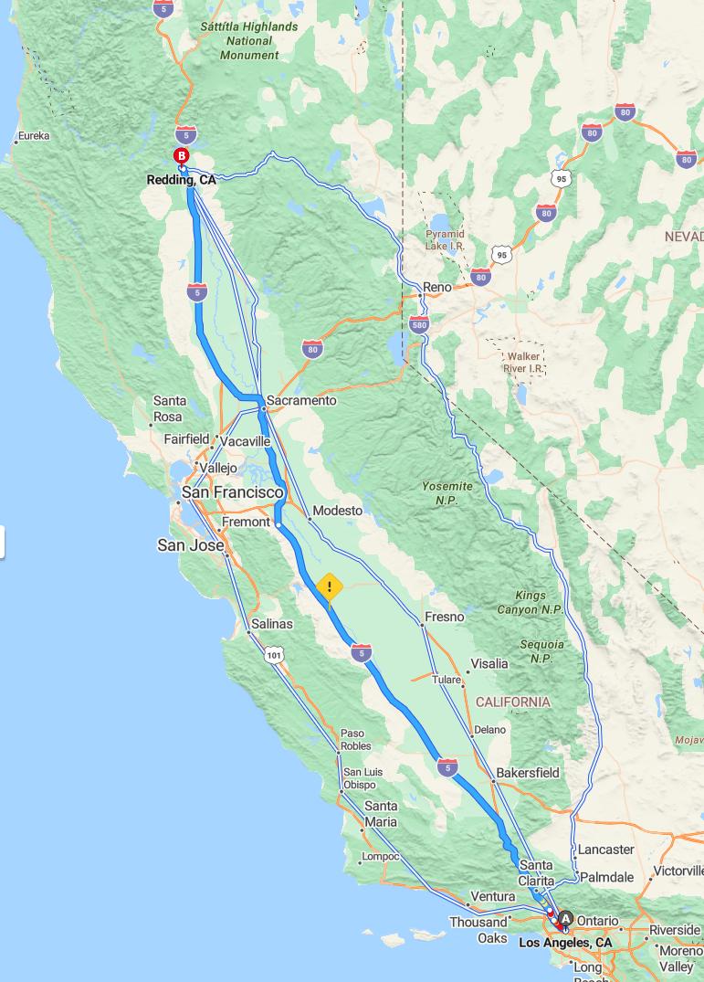 driving from Los Angeles, California to ReddingCalifornia - map and route