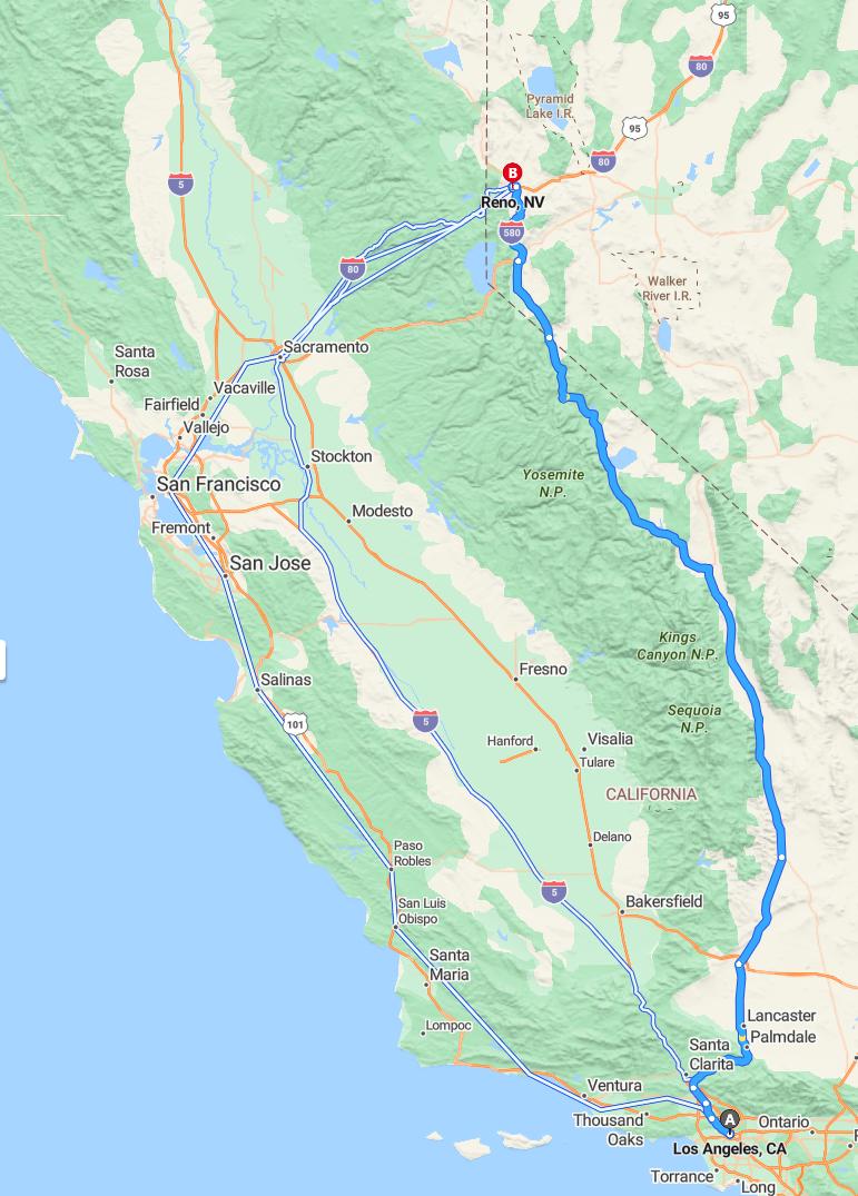 driving from Los Angeles, California to RenoNevada - map and route