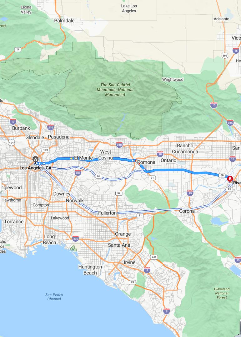 driving from Los Angeles, California to RiversideCalifornia - map and route