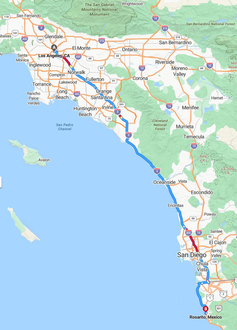 driving from Los Angeles, California to RosaritoBaja California - map and route