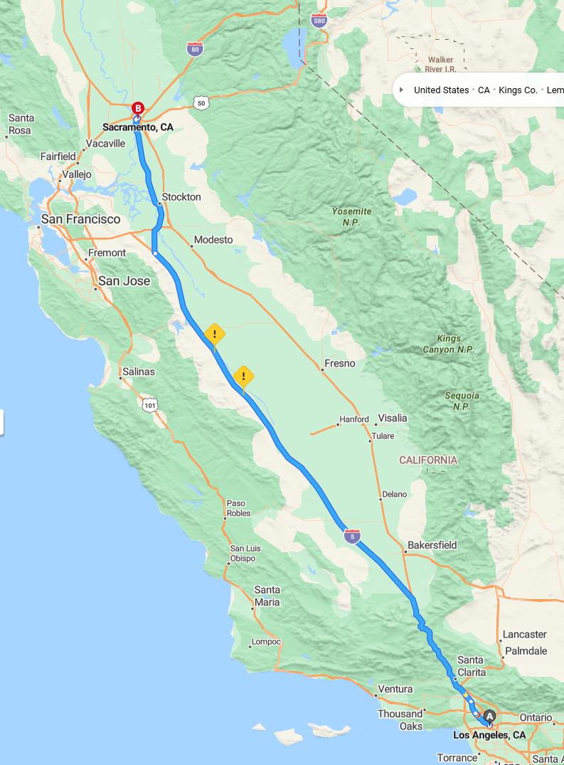 driving from Los Angeles, California to SacramentoCalifornia - map and route